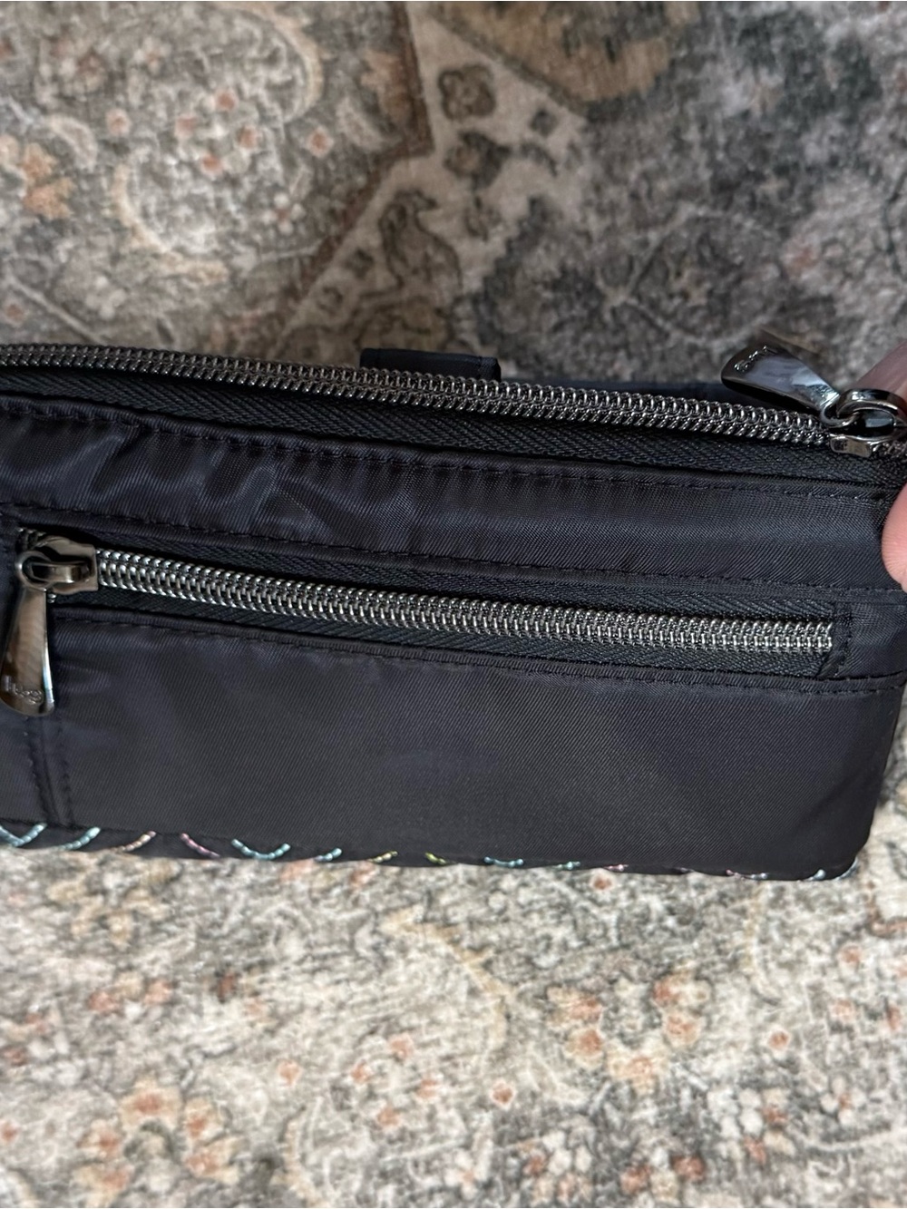 Lug Tram Black Quilted Wristlet with Pastel Multicolor Stitching - Picture 3 of 4